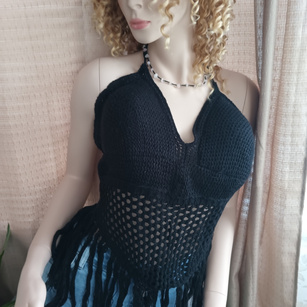 Festival Rave Black  Crochet Halter Top 3 X